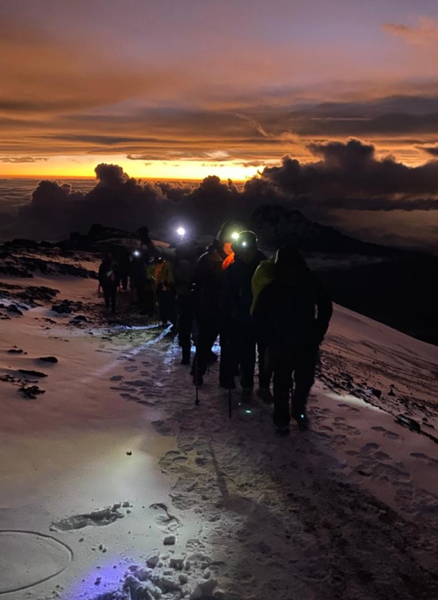 Climbers with headlamps on the trail to Uhuru Peak